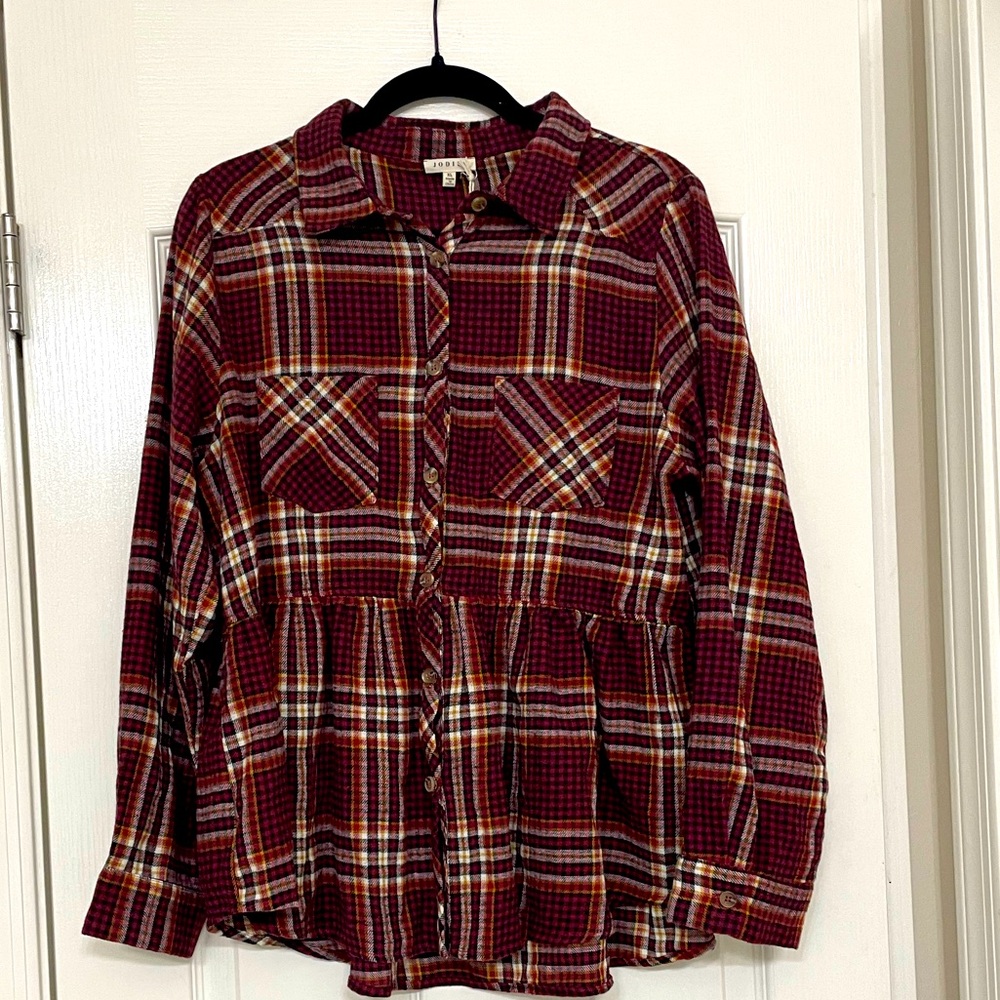 Jodifl Women’s Plaid Button Up Peplum Top NWT